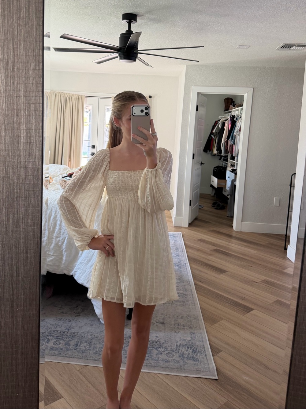 Altar'd State Cream Smocked Babydoll Mini Dress